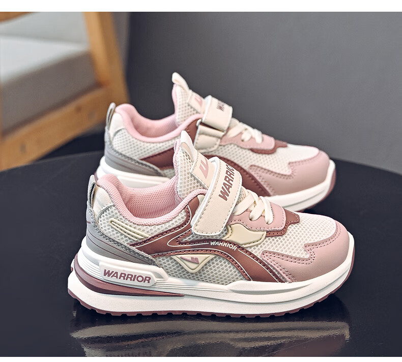 Warrior Girls' Spring and Autumn Mesh Breathable Sports Shoes Soft Sole Running Shoes WZ(CL)-1320 Beige Pink Dark Blue Size 37 9