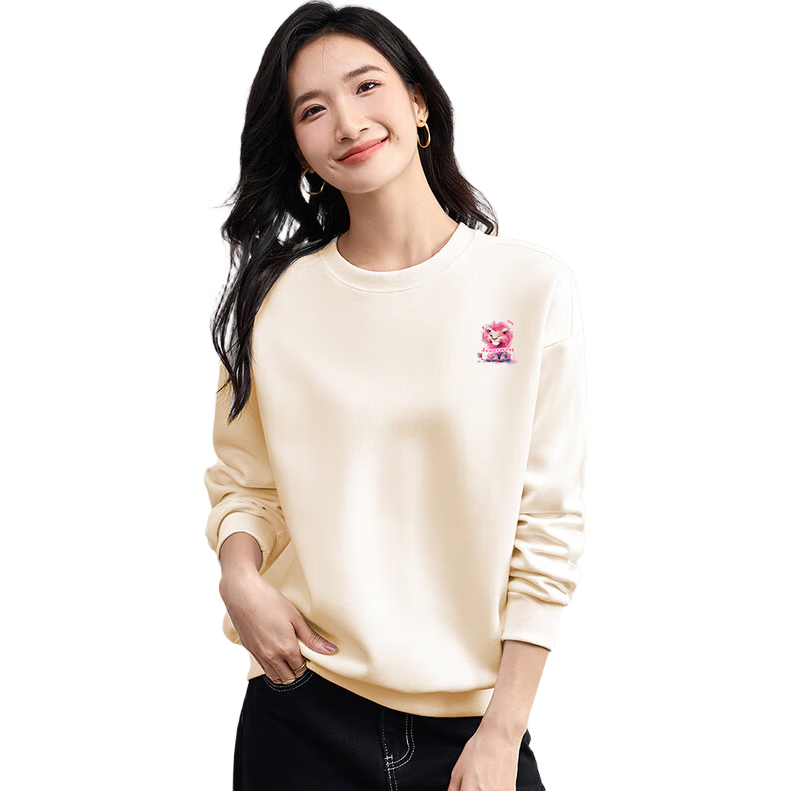 Jeanswest Women's Sweatshirt, Spring And Summer Style, Printed Round Neck Pullover, Casual Trendy Knit, Loose-Fitting Versatile Top, Apricot Color, 2XL
