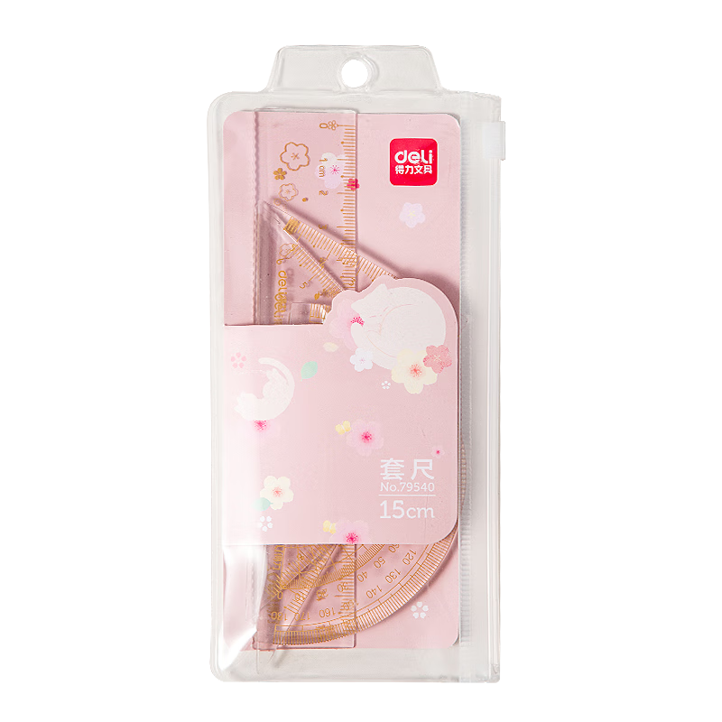 Deli Cherry Blossom Theme Set of 4 Student Rulers for College Entrance Exam And High School Entrance Exam Drawing Set, 15CM Straight Ruler/triangle Ruler/protractor, Random Color, Back-To Essential Stationery