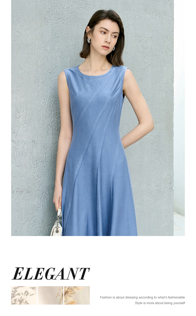 YANYEE Solid Color Vest Dress 2025 Summer Premium Blue Waist-Cinched Over-the-Knee Work Dress Blue M 3