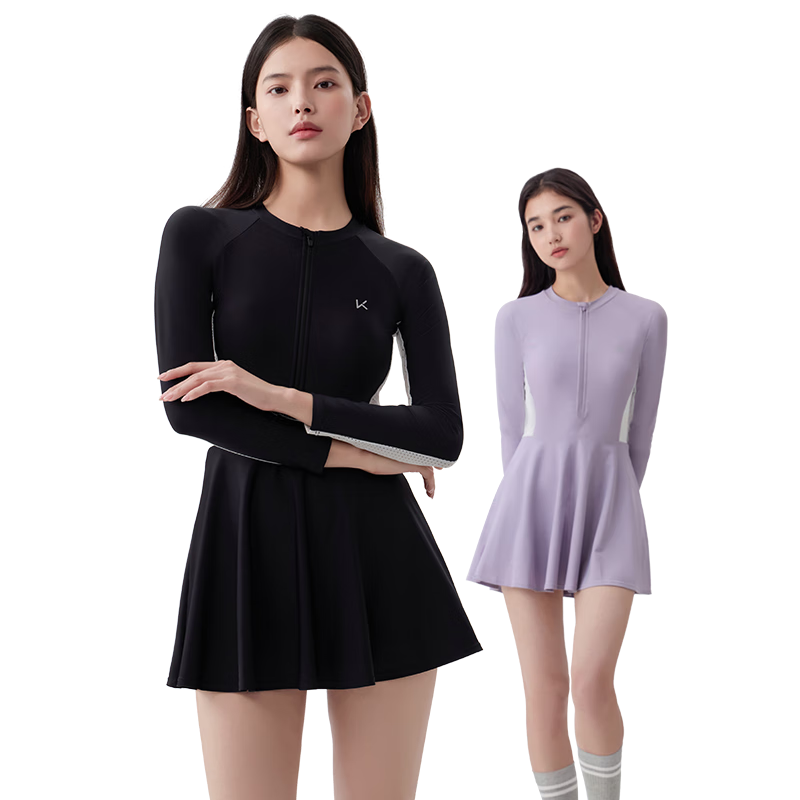 Keep Swimsuit, Women's One-Piece Long-Sleeve Dress Style Professional Swimwear, Plus Size Hot Spring Swimsuit, 113 Black, L