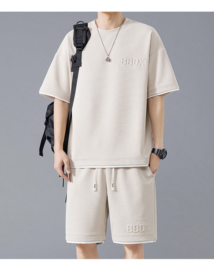 JEEP SPIRIT Men's Summer Waffle Short Sleeve T-Shirt and Shorts Set Casual Sports Two-Piece Suit Off-White L 5