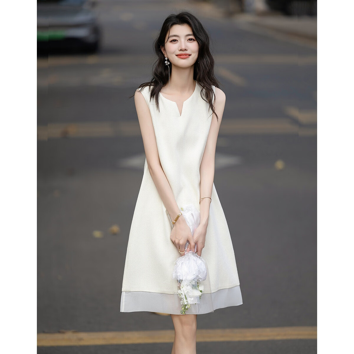Demana Summer Little Chanel Style V-Neck Organza Spliced Sleeveless Women's Dress with Granular Two-Tone Yarn Weaving Craft