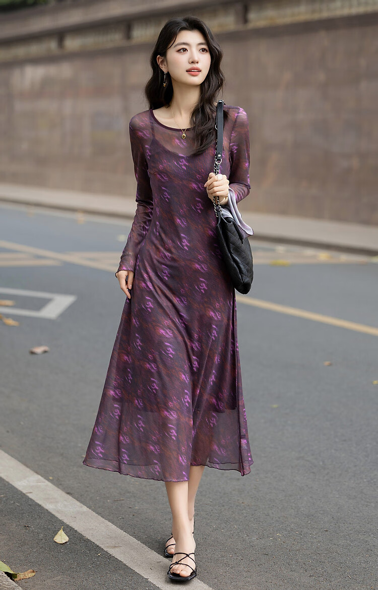 Dme [Urban Lady] Autumn Elegant Style Round Neck Printed Flared Sleeve Waist-Cinching Lined Women's Dress 9