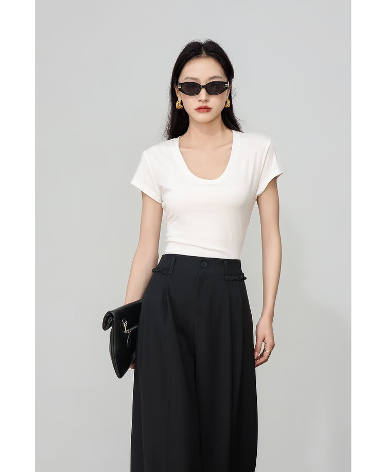 Olrain White U-Neck Slim Fit Short Sleeve T-Shirt for Women Summer Petite Top White L 13