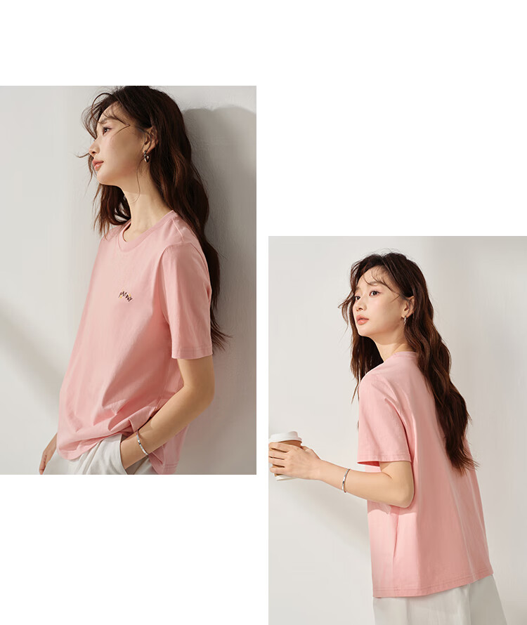 INMAN Women's 2025 Summer Embroidered Comfortable Simple Pullover Loose Fit Cotton Short Sleeve T-Shirt Sakura Pink S 36