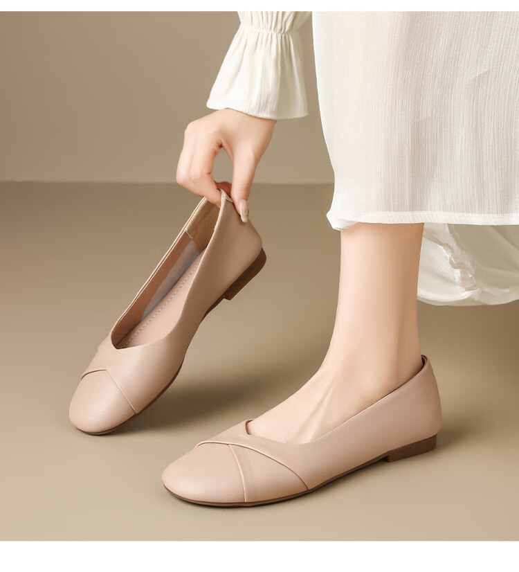 ZHR Women's Genuine Leather Vintage Casual Flats Soft Sole Low-Cut Shoes AH582 Beige Size 39 20