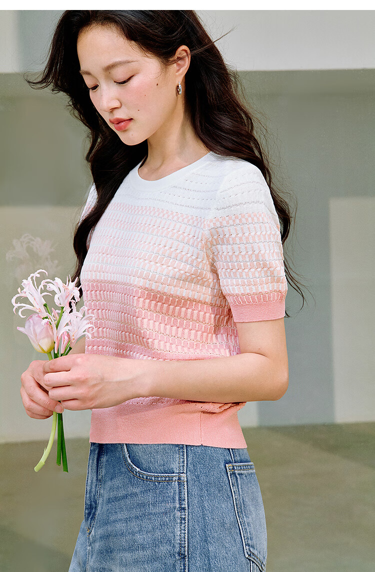 INMAN INMAN [Runway Style] Dindal Round Neck Knit Short-Sleeve T-Shirt for Women, Summer 2026 Top, Pink, Baitiao L 14