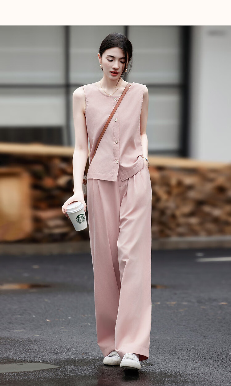 Dme High-Sense CBD Commuter Summer Minimalist Cotton Set Round Neck Vest Elastic Waist Pants Two-Piece Set 15