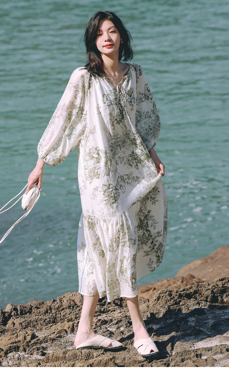 Dme Elegant Floral Print Long Dress, Artistic Ink Painting Design, Slimming One-Piece Dress, Floral Print, Size S 7