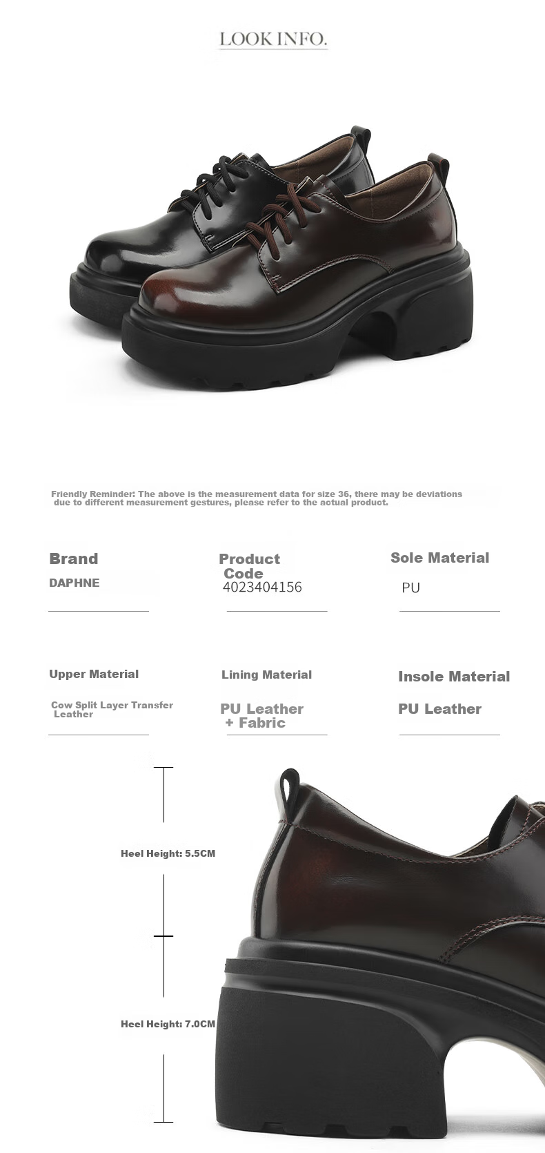 DAPHNE Women's Single Shoes, Cowhide Leather, British Style, Thick-Soled High Heels, Versatile Leather Shoes, Women's Footwear 4023404156, Black, Size 35 1