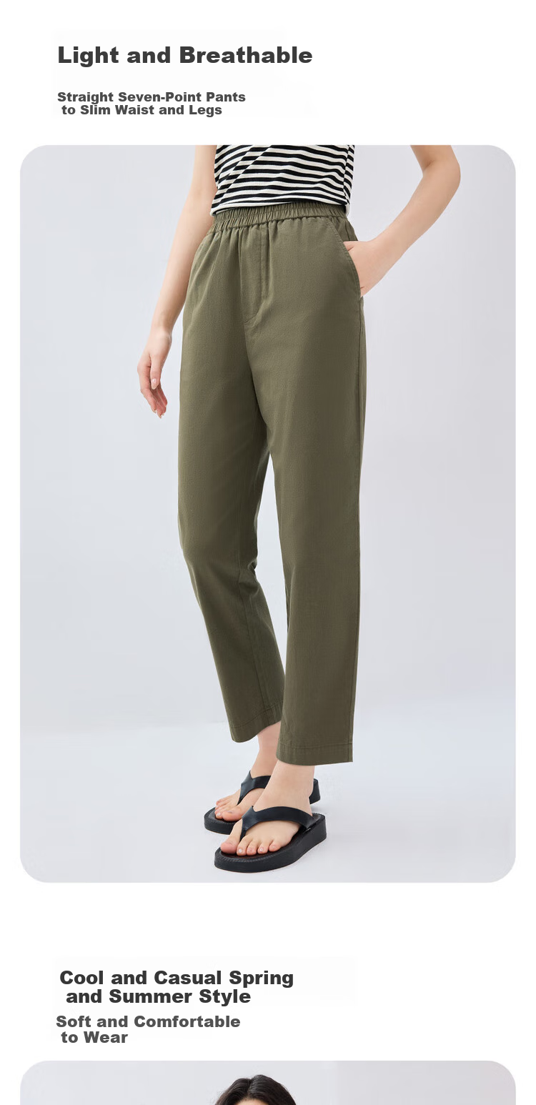 Giordano Women's Pants, New Summer 2026 Style, Pure Cotton Elastic Waist, Lightweight Casual Seven-Point Straight-Leg Trousers, 05425315 7