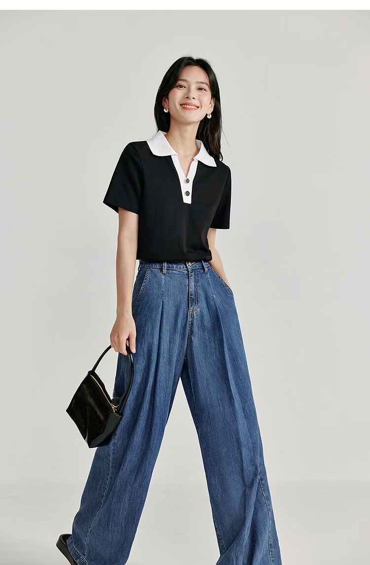 Inman Casual Striped Shoulder T-Shirt Summer Women's Design Polo Collar Slim Fit Short Sleeve Star Black XL 11