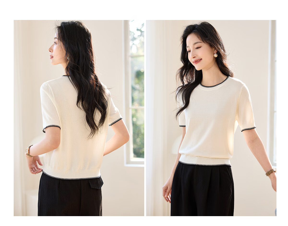 Chushen Summer Knitted Short-Sleeve T-Shirt for Women, Fashionable Round Neck Contrasting Color Design, Simple And Elegant Knitted Top Base Shirt S52T025 18