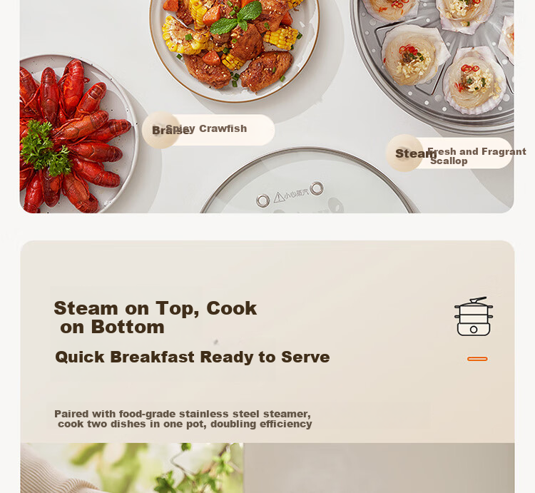 Joyoung Household 5L Large Capacity Electric Hot Pot And Steamer, Upper Steaming Lower Cooking Detachable Design, Specialized Hot Pot, Multifunctional Electric Cooking Pot HG50-G525S with Steamer Basket 18