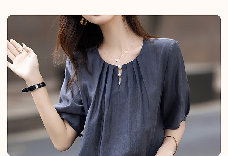 Dme [Selected Lyocell], Summer Pearl Decorated Round Neck Drip Button Shirt, Flowing Short-Sleeve Blouse, Women's Top 4