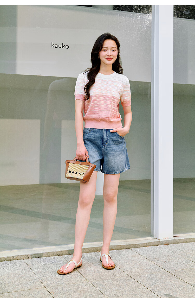 INMAN INMAN [Runway Style] Dindal Round Neck Knit Short-Sleeve T-Shirt for Women, Summer 2026 Top, Pink, Baitiao L 15