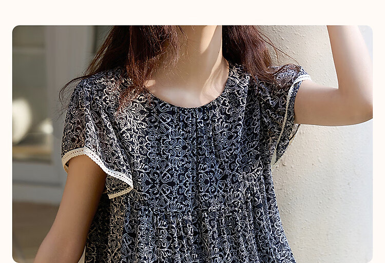 Dme [75D Chiffon Jacquard] Summer Flowy Short-Sleeve Shirt with Contrasting Trim, Loose Blouse Women's Top 4