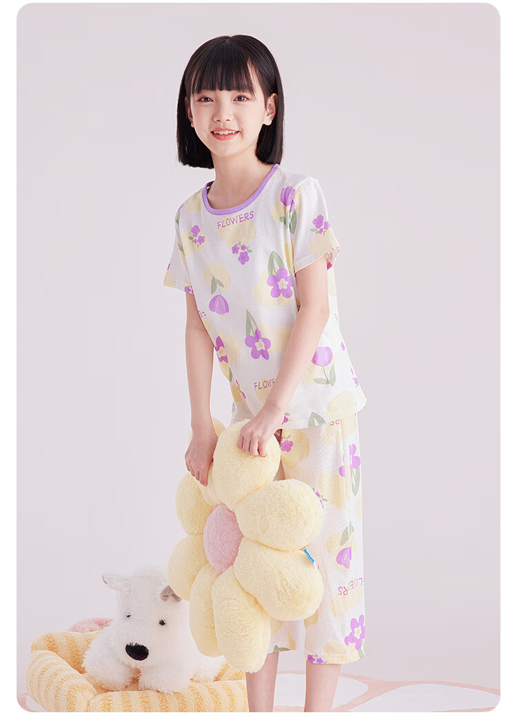 DEESHA Girls' Pajamas, Spring And Summer Thin Mesh Breathable Antibacterial Pure Cotton Air Conditioning Wear, for Older Children's Home Wear Set 4