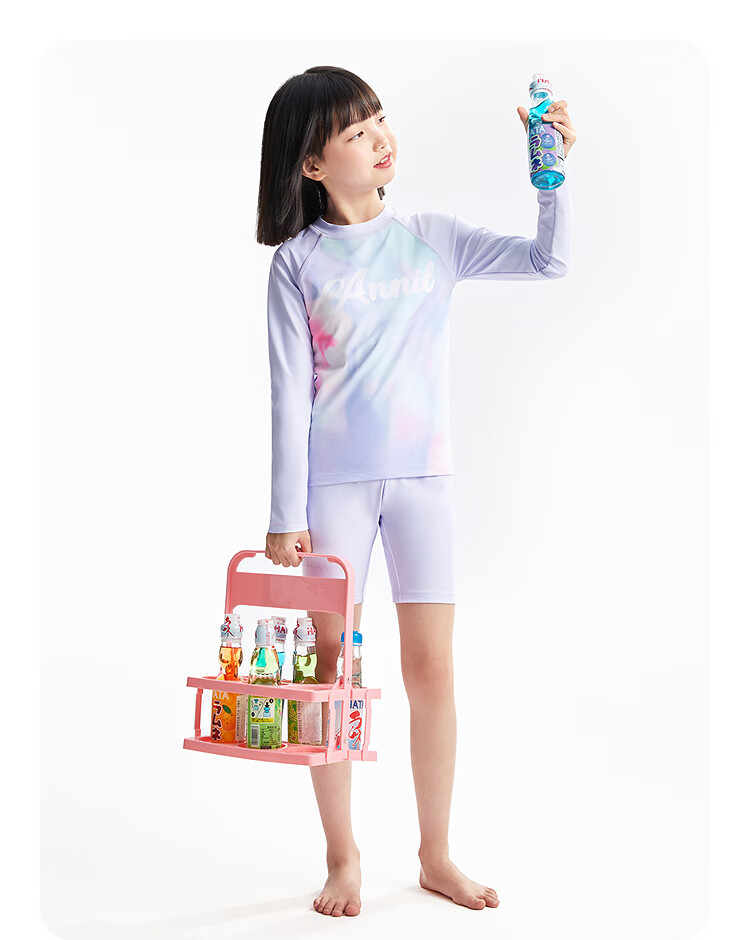 Annil Girls' Two-Piece Long-Sleeve Set, Summer 2025 New Style, Purple Flower Pattern, Size 110 10