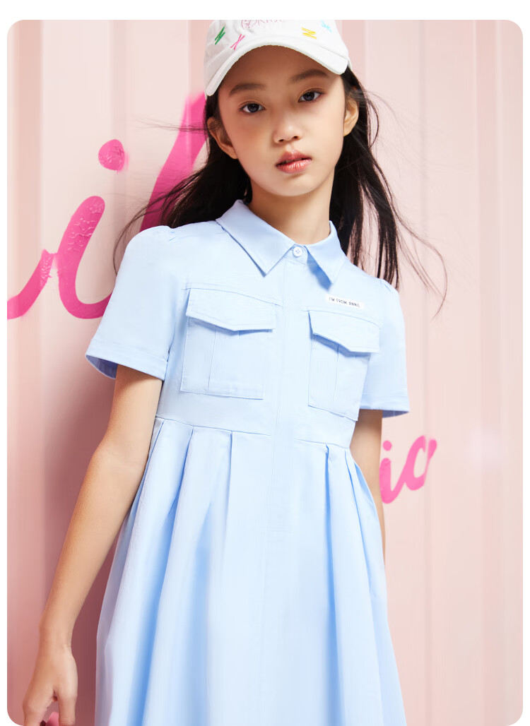Annil Girls' Short-Sleeve Dress, Summer Pleated Artistic Workwear Style, Lightweight Breathable Dress 3