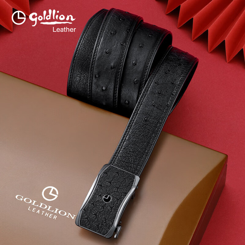 Goldlion Belt with Automatic Buckle, Inner Buckle Waistband, Ostrich Leather, High-End Wooden Gift Box, Trouser Belt, Birthday Gift for Gifting