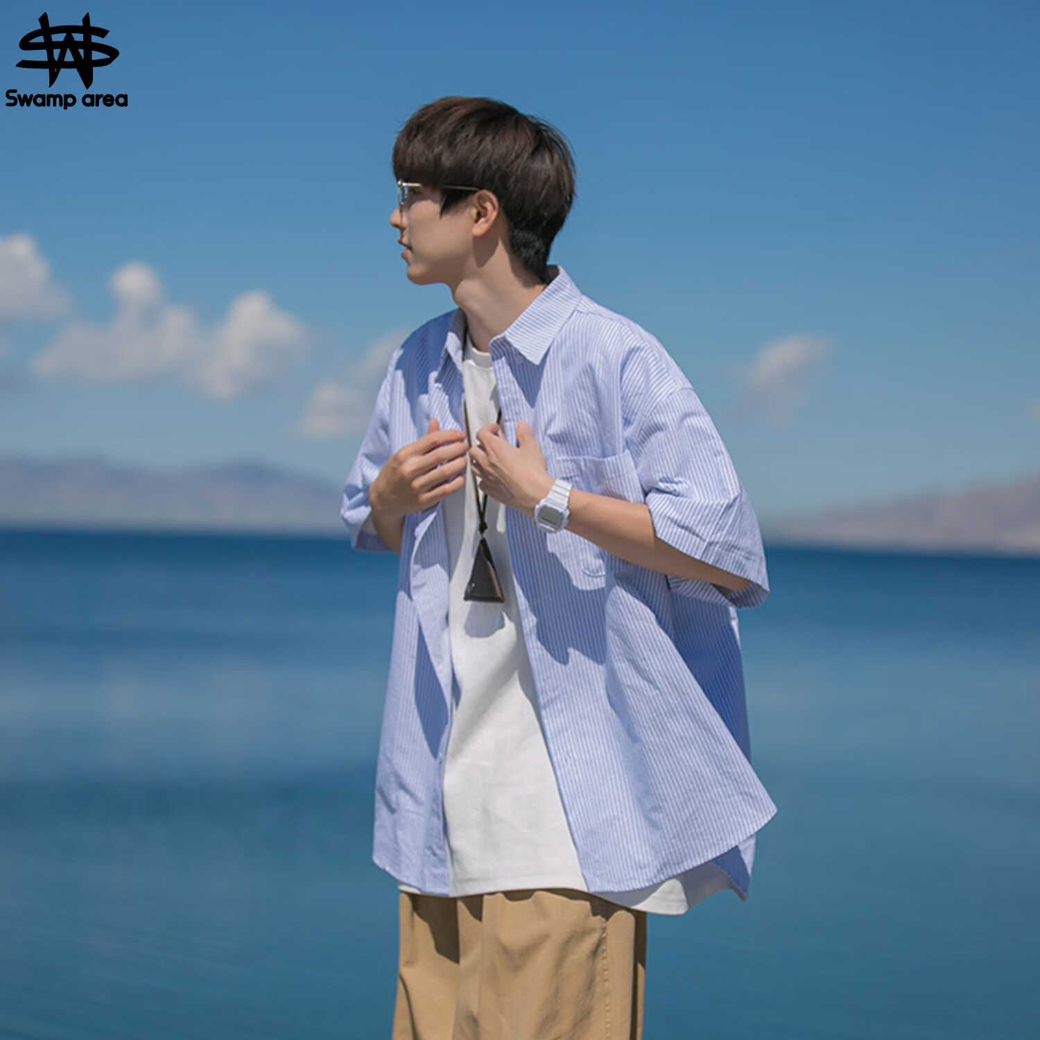 SWAMP AREA Japanese-Style Short-Sleeve Shirt for Men, Summer Trendy Versatile Loose Striped Workwear Shirt Jacket CS2512 Blue XL