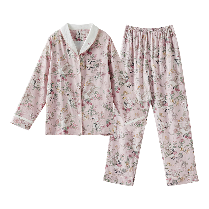 EMXEE EMXEE Spring And Autumn Silk-Linen Cotton Maternity Nursing Postpartum Swan Dance Song Pajamas Loungewear Size L