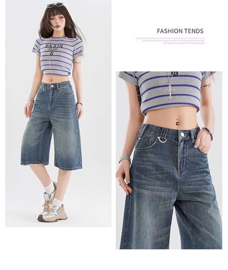 Free Style High-Waist Vintage Blue Cropped Denim Shorts for Women Summer 2026 New Loose Slimming Wide-Leg Casual Pants 8