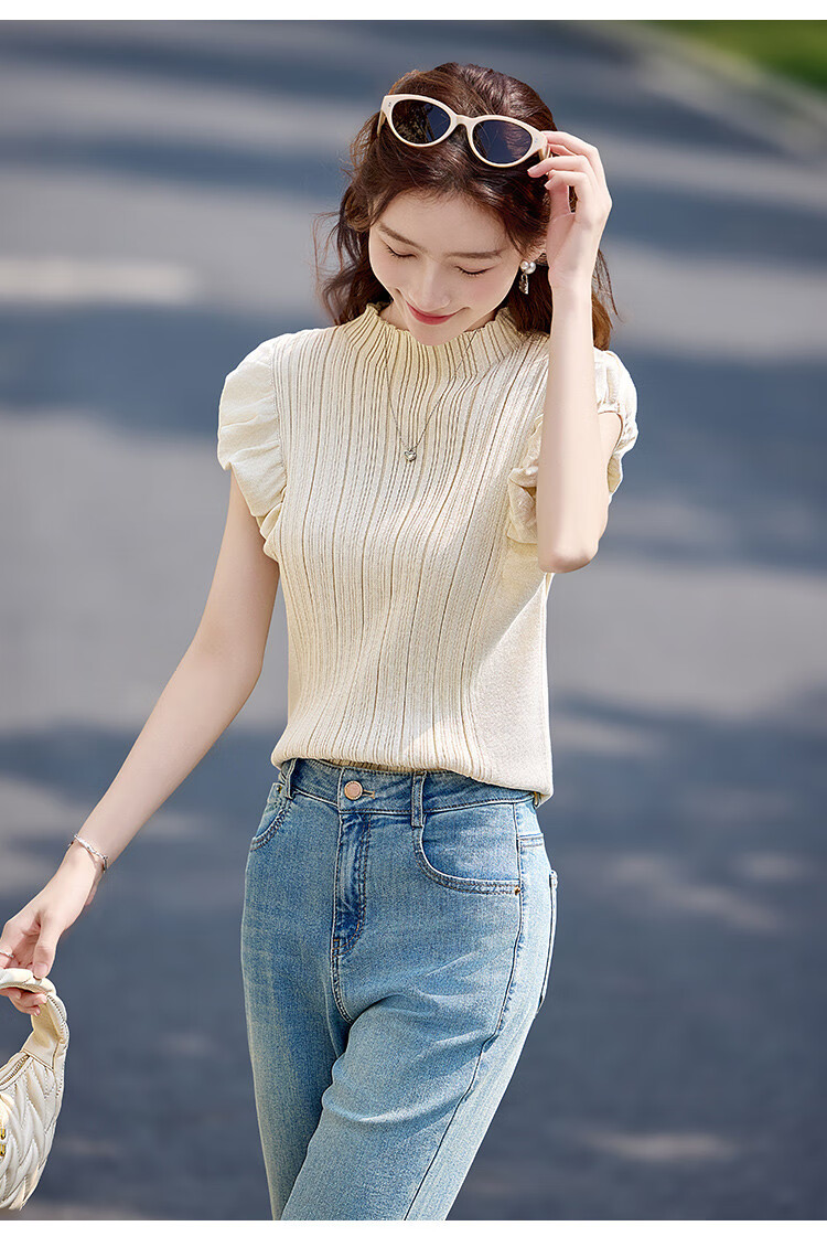 Shangjing Women's Summer Knitwear New French Elegant Puff Sleeve Slim Fit Short Sleeve T-Shirt Top 5