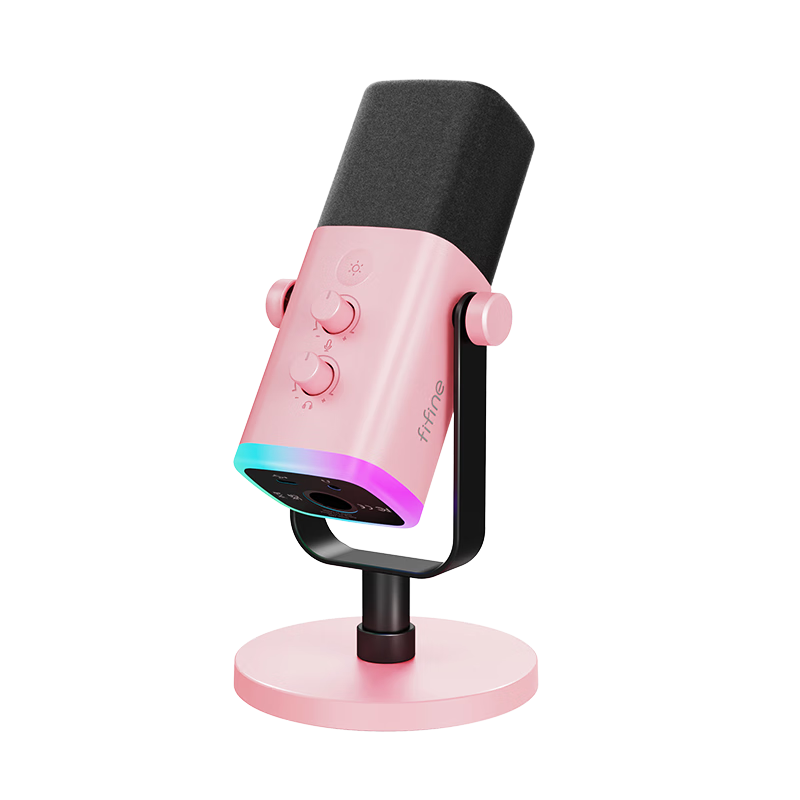 FIFINE Dynamic Noise-Cancelling USB Computer Microphone for Desktop Live Streaming, Gaming, Recording, Karaoke, Video, with External Sound Card Support, Desktop RGB Microphone, Wired Microphone AM8 Pink