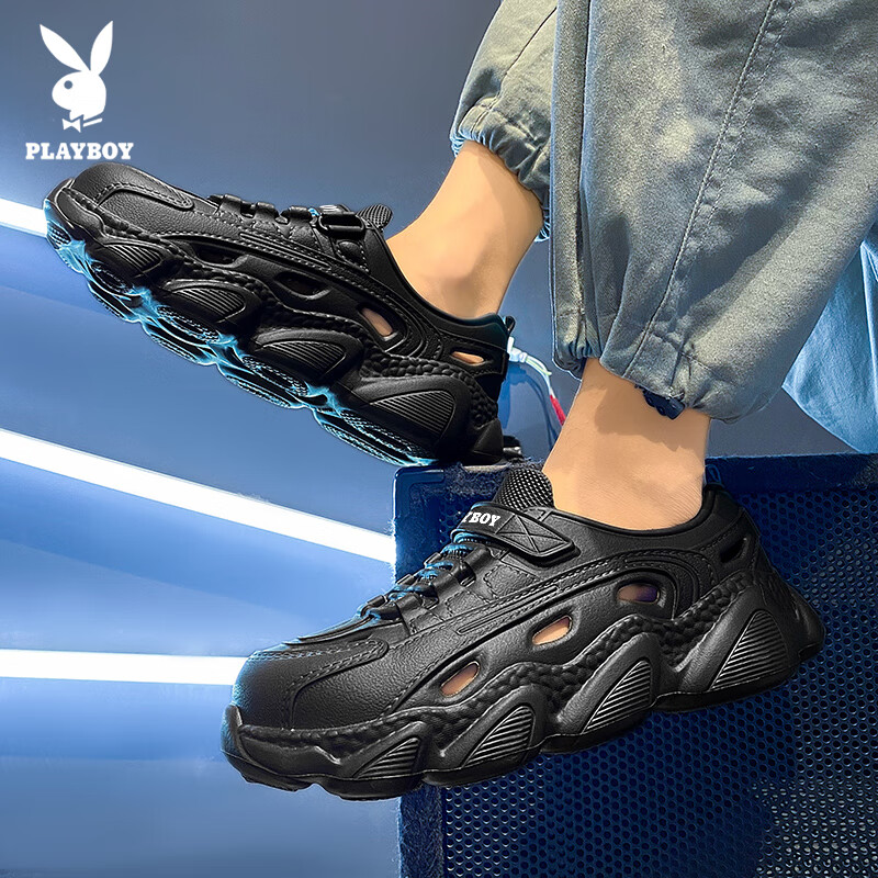 PLAYBOY Men's Sandals 2025 Summer Hollow Out Thick Sole Breathable Casual Beach Shoes Black Size 41