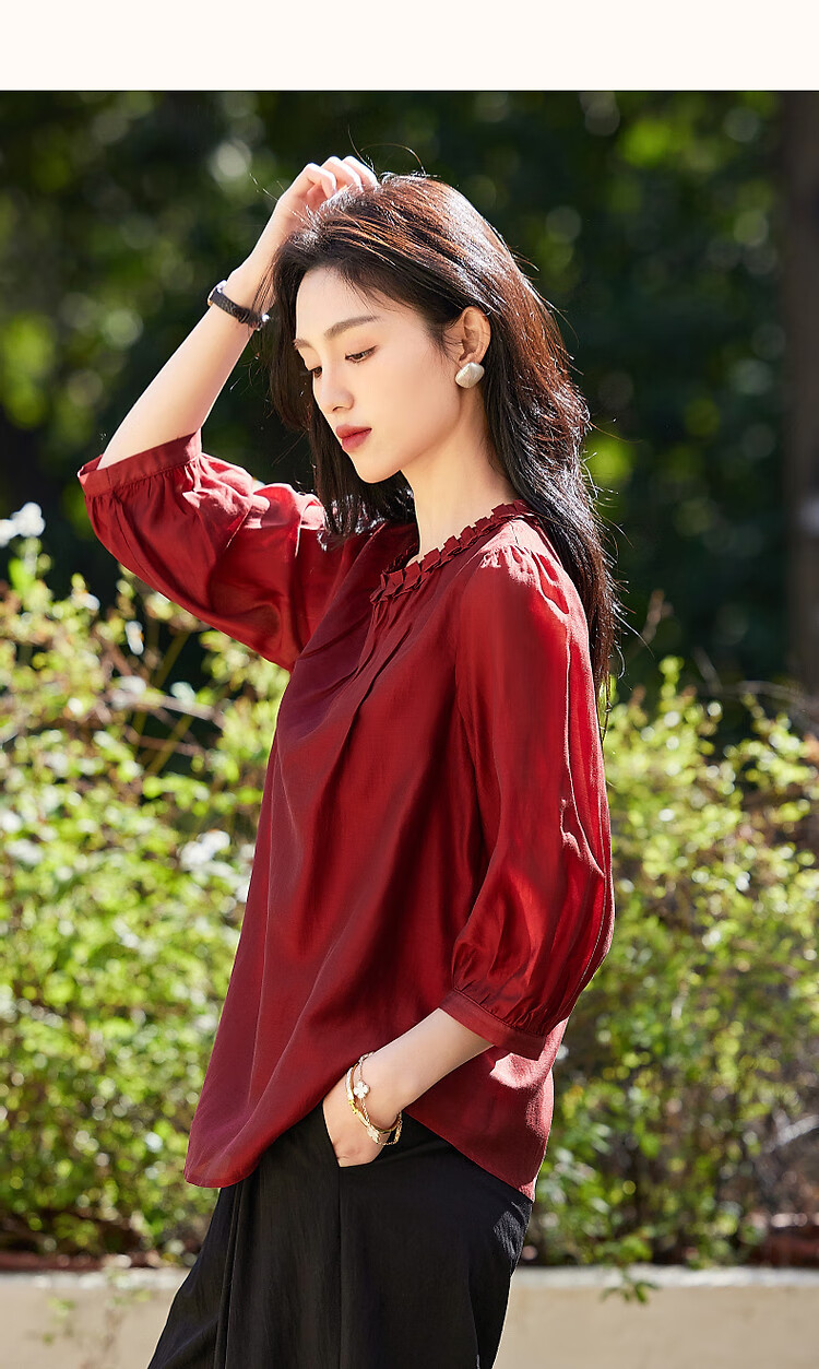 Dme [Lyocell Selection] Summer Pleated Round Neck Water Drop Button Blouse, Puff Three-Quarter Sleeve Shirt, Women's Top 10