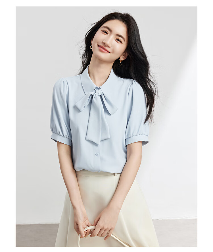 Bodexiaojie White Bow-Tie Blouse for Women, Stylish Tie-Up Short-Sleeve Top, Elegant Office Wear for White-Collar Professionals, XL 5