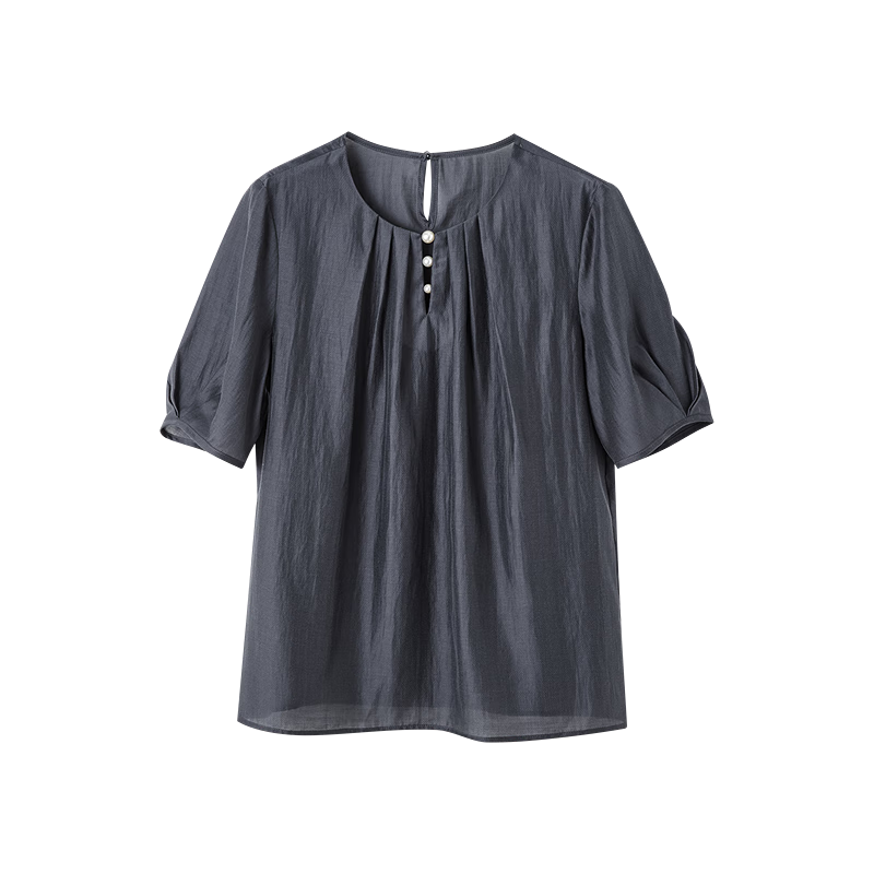 Dme [Selected Lyocell], Summer Pearl Decorated Round Neck Drip Button Shirt, Flowing Short-Sleeve Blouse, Women's Top