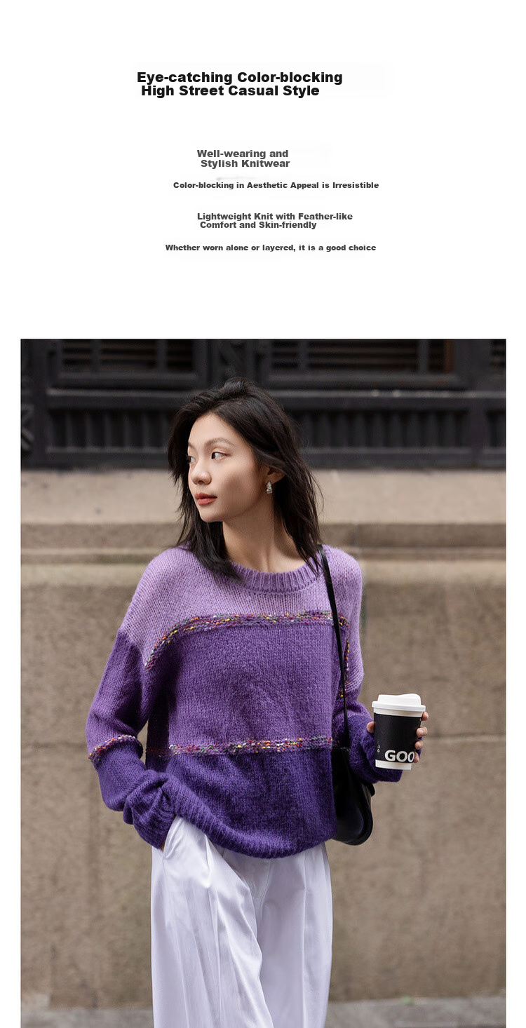 Dme [Containing Wool], Spring And Autumn French Slow Travel Color-Block Sweater, Loose-Fitting, Flattering, Fashionable Knit Top for Wome 1
