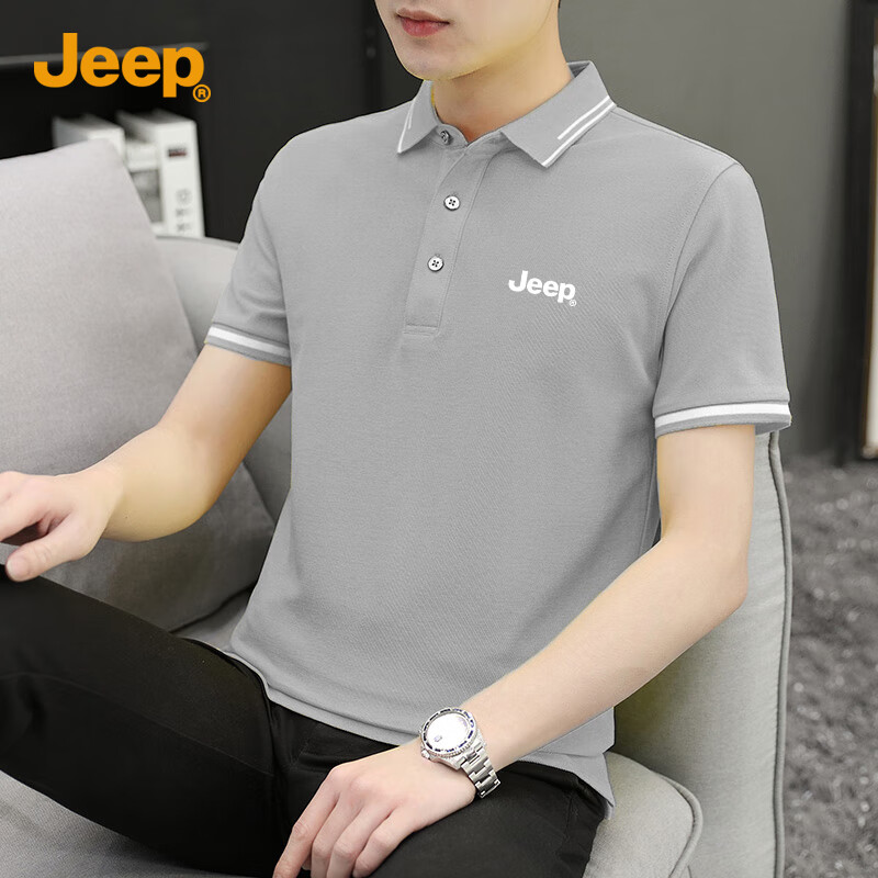 JEEP Short-Sleeve T-Shirt for Men, Summer Business Casual Polo Shirt, Loose-Fitting Men's Clothing, 9988 Gray, XL