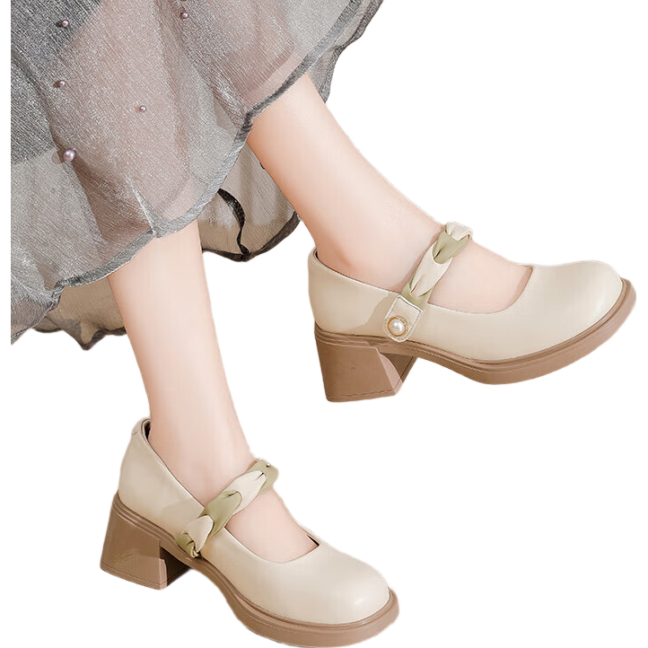 DAPHNE French Mary Jane Women's Shoes, 2026 New Style Shallow Mouth Elegant Pumps, Evening Shoes, Chunky Heel High Heels, Apricot Color, Size 35