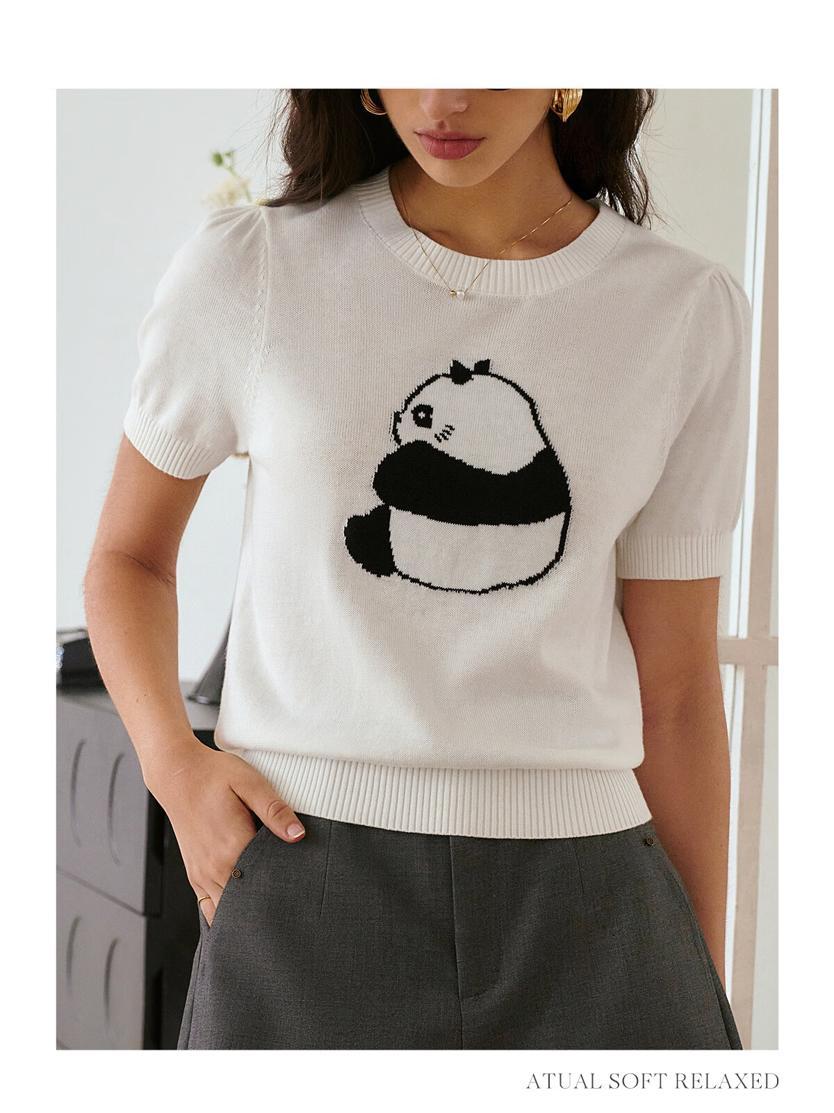 Oulain Elegant Short-Sleeve Knit Top for Women, Spring And Summer Fun Panda Pullover Sweater, Light Gray, L 18