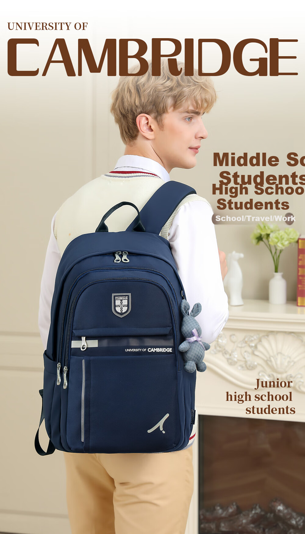 UNIVERSITY OF CAMBRIDGE Cambridge University Middle School Student Backpack for Boys And Girls, Junior High And High School Students, Large Capacity Casual Bag, Lightweight Backpack 2