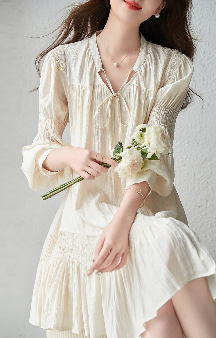Dme [Fujia Qianjin] Spring And Autumn V-Neck Palace Sleeve Tie-Waist Adjustable Lady's Dress, Short Style 5