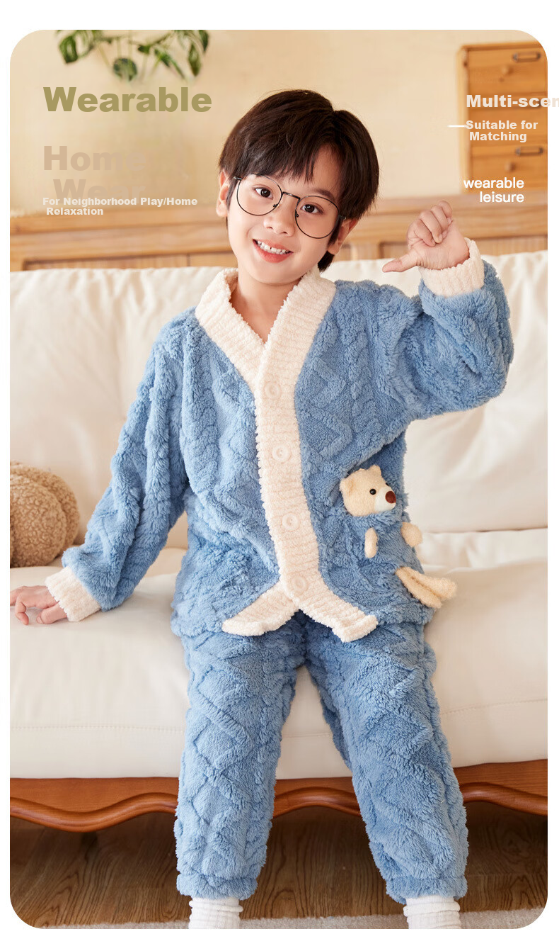 LangSha Children's Pajamas, Flannel Boys' Autumn And Winter Thickened Warm Sleepwear, Coral Fleece Home Wear Set for Older Childre 6