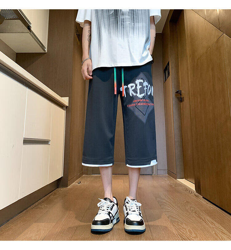 Zuofeili Men's Trendy Summer Shorts, Lightweight Loose-Fitting Cool Ice Silk Seven-Eighths Length Shorts, Fashionable Youth Casual Pants 32