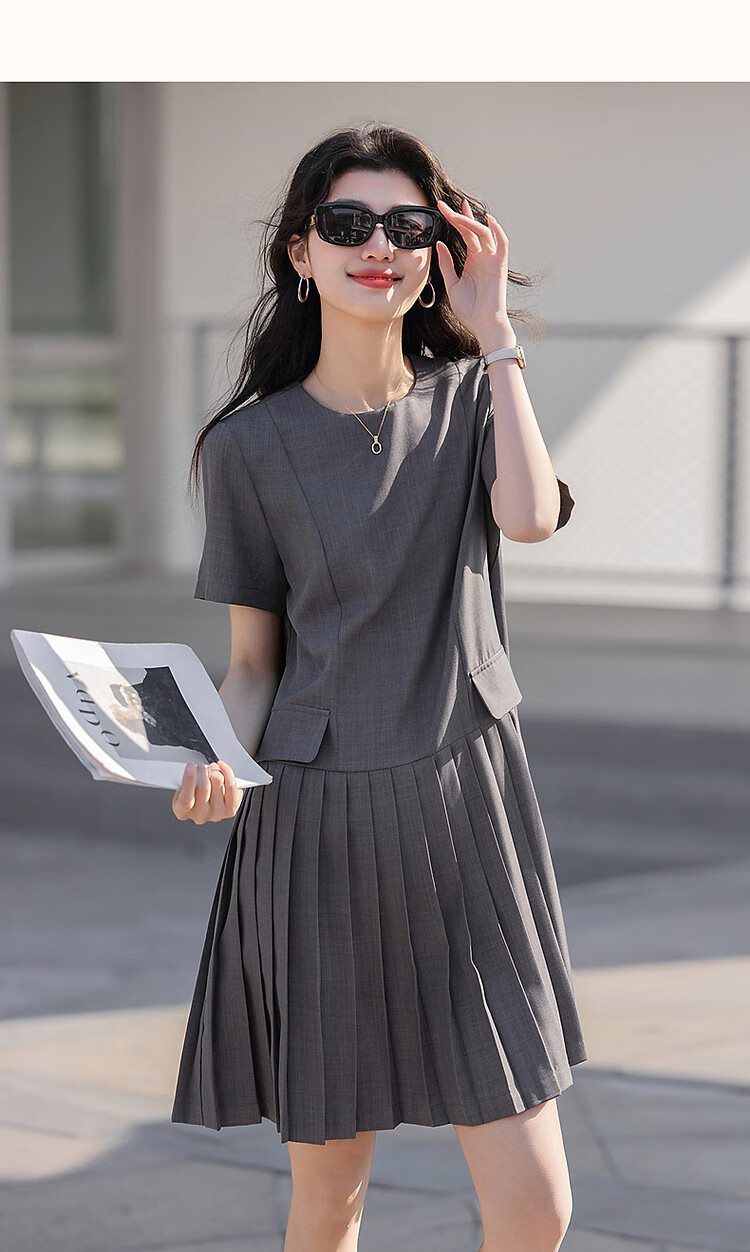 Demana [Private Style] Summer Round Neck Loose Waist Bag Cover Decorative Back Center Hidden Zipper A-Line Pleated Women's Dress 17