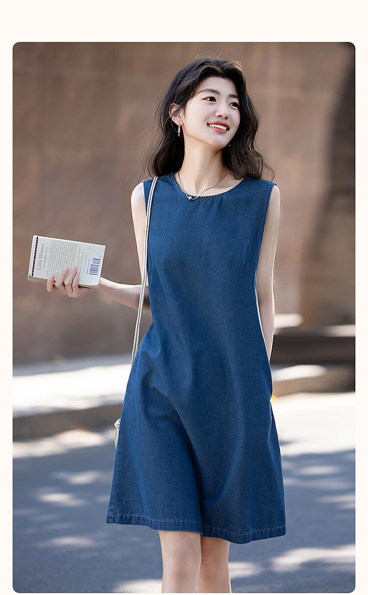 Dme [Pillowsuit] Summer Lightweight Breathable Cloud Cotton Loose Sleeveless Round Neck Comfortable Denim Women's Dress 2