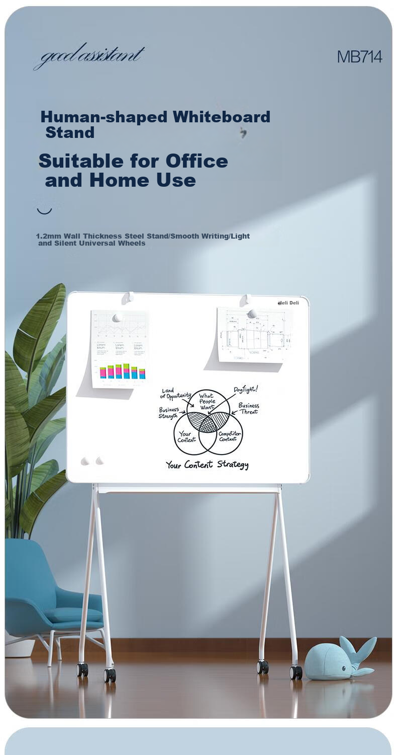 Deli 120*90cm Ballet-Style Whiteboard with Stand, Ultra-Narrow Frame Stable Type, Movable Magnetic Whiteboard for Meetings, Office, Teaching And Home Use 1