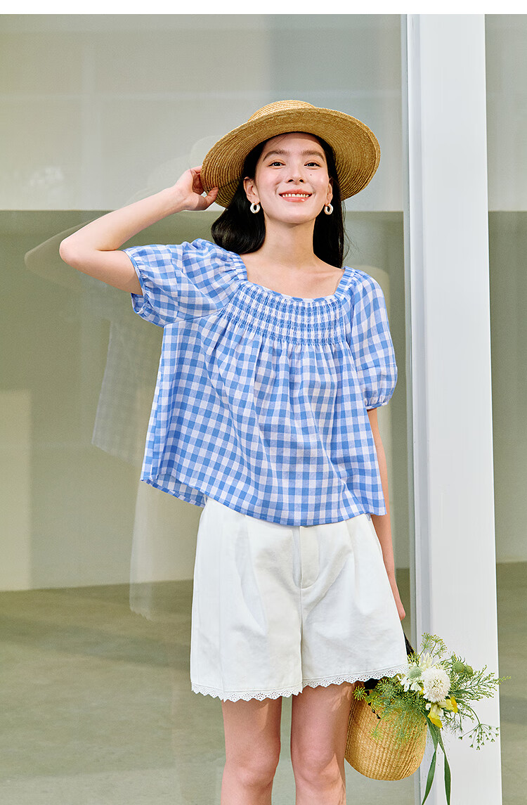 Inman 100% Cotton Sweet Plaid Shirt 2026 Summer New Women's Slim Waist Pleated Blouse Light Blue Plaid L 13