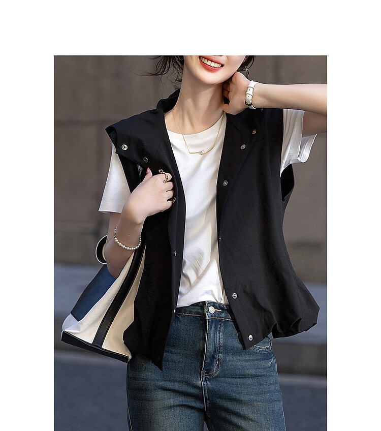 Dme [Minimalist Return] Autumn Simple Style Commuter Hooded Sleeveless Four-Button Casual Jacket Women's Outerwear 11