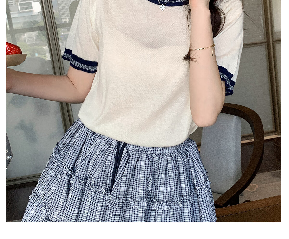 Halo Queen Knitted Short-Sleeve T-Shirt for Women, Round Neck, Contrasting Colors, Fashionable Slimming Top, Contains Wool And Silk, Comfortable Fabric, H52T032 14