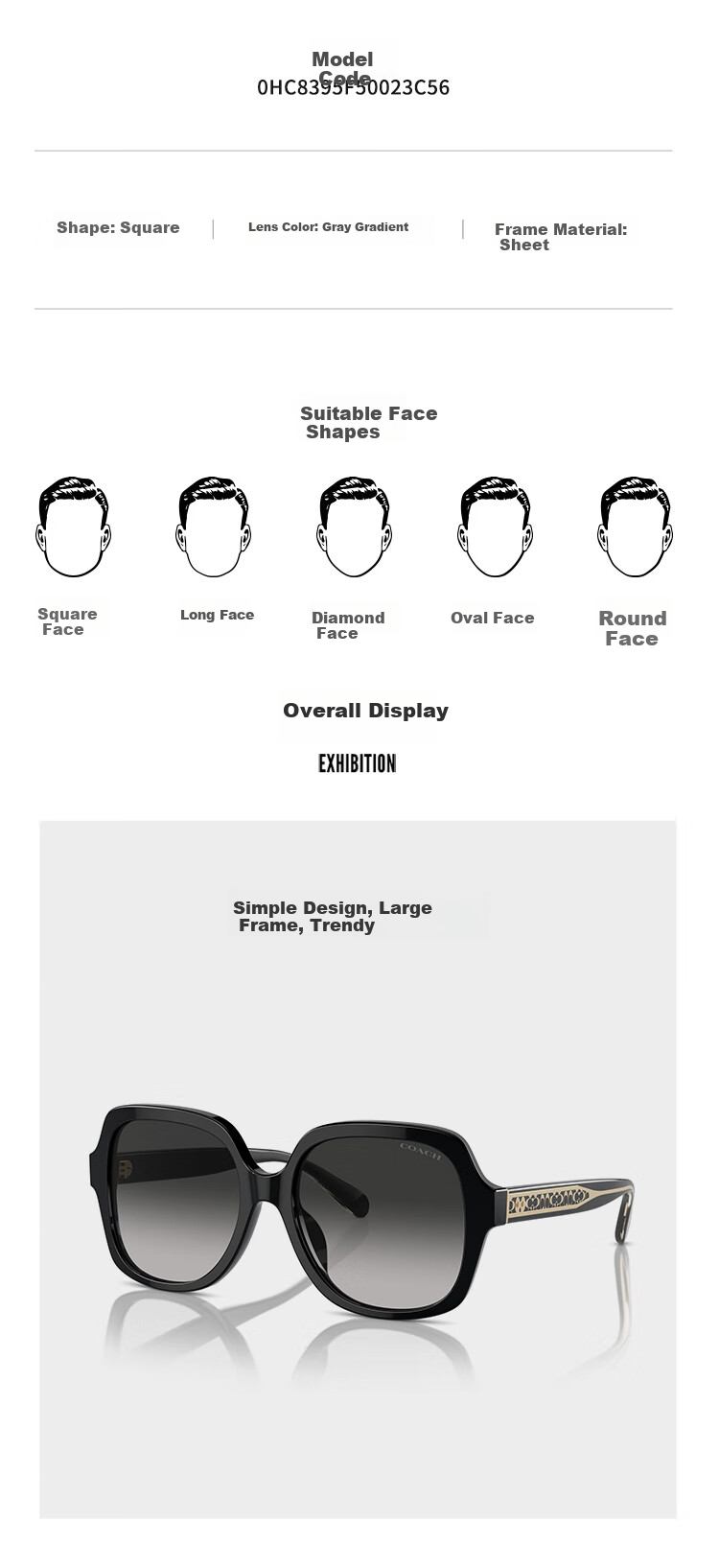 COACH Full-Frame Fashionable Glasses, Elegant Women's Sunglasses, Gift-Giving, 0HC8395F50023C56 3